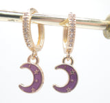 18k Gold Plated Huggies with Enamel Moon Charms, 4 Colors!