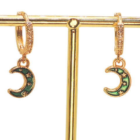 18k Gold Plated Huggies with Enamel Moon Charms, 4 Colors!