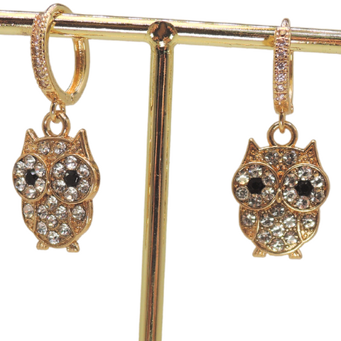 18k Gold Plated Huggies with Pave Rhinestone Owl Charms