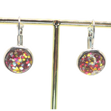 Sterling Silver Leverbacks with Glitter Glass Cabochons, 12 Colors!