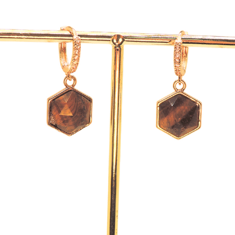 18k Gold Plated Huggies with Hexagonal Tiger Eye or Aventurine Charms